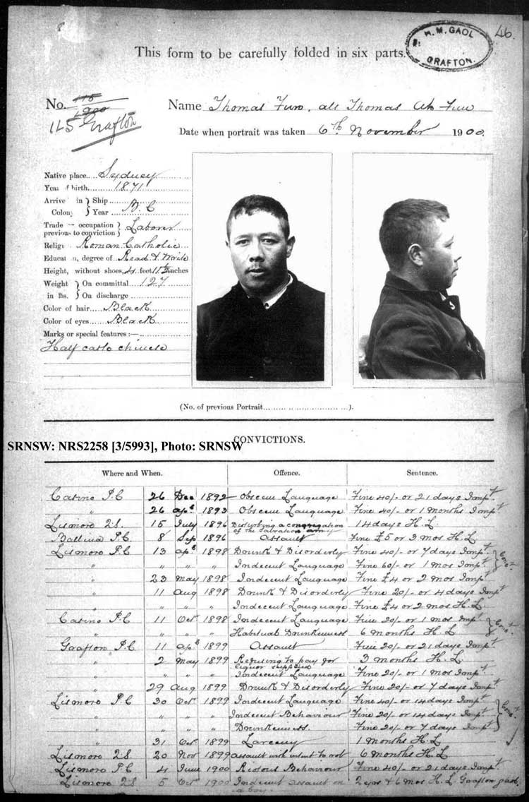 SRNSW: NRS2258, [3/5993], Grafton Gaol photographic description book, Nov 1894-Jun 1910, No. 45, p. 46, R5125. Emphasis added.