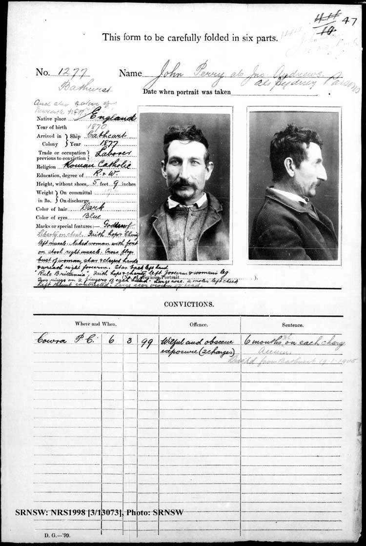 SRNSW: NRS1998, [3/13073], Bathurst Gaol photographic description book, 1874-1930, No. 1277, p. 47, R5090.