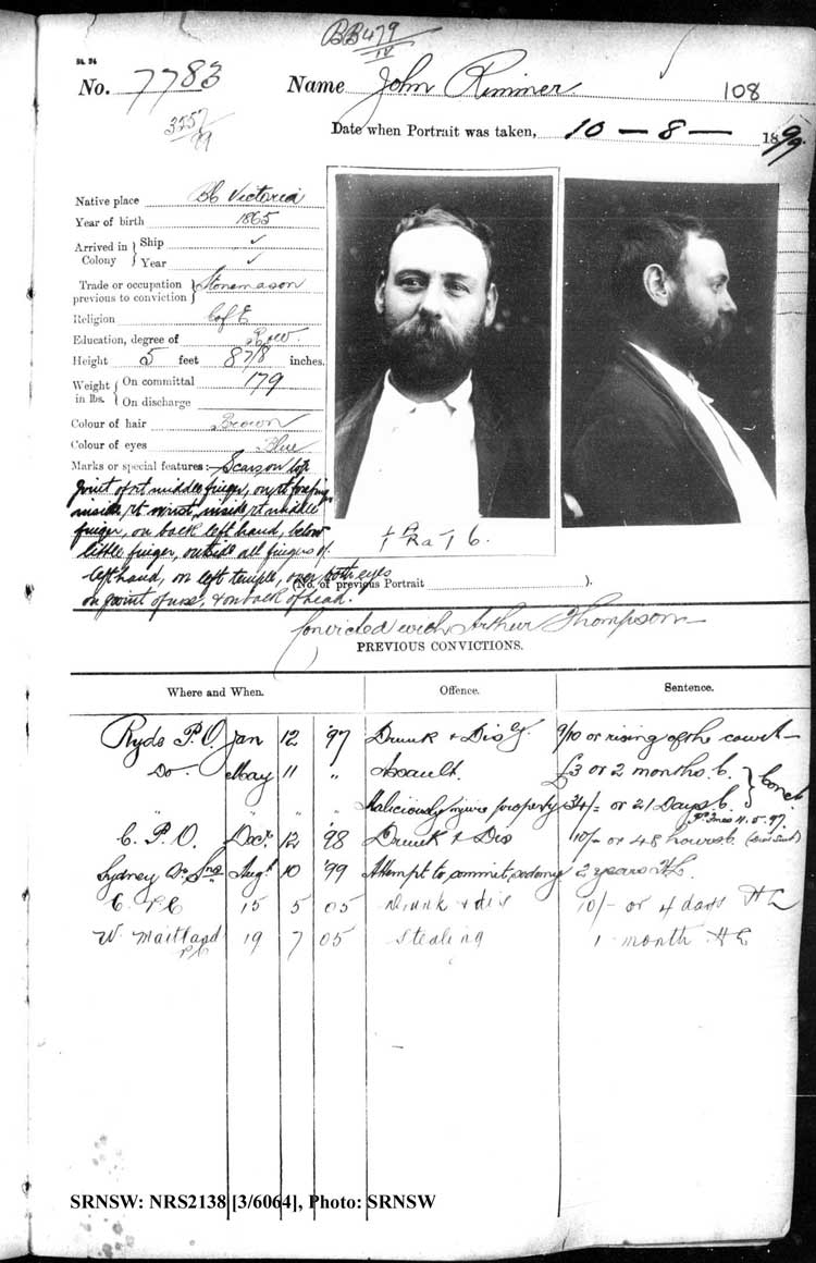 SRNSW: NRS2138, [3/6064], Darlinghurst Gaol photographic description book, 1899-1900, No. 7783, p.108, R5108.