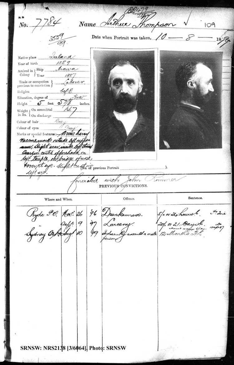 SRNSW: NRS2138, [3/6064], Darlinghurst Gaol photographic description book, 1899-1900, No. 7784, p.109, R5108.