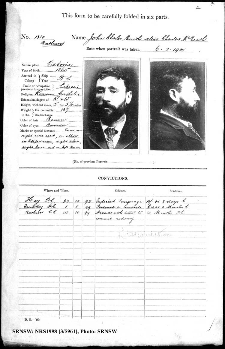 SRNSW: NRS1998, [3/5961], Bathurst Gaol photographic description book, 1874-1930, No. 1310, p. 4, R5086.