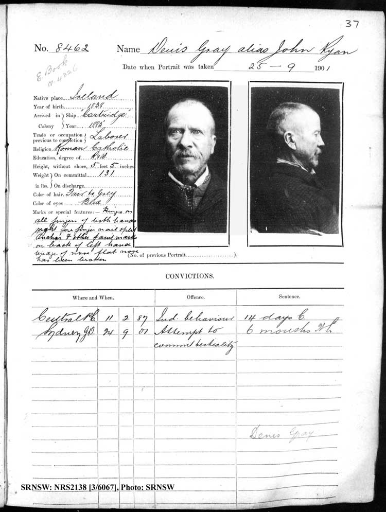 SRNSW: NRS2138, [3/6067], Darlinghurst Gaol photographic description book, 1901-1902, No. 8462, p. 37, R5109.