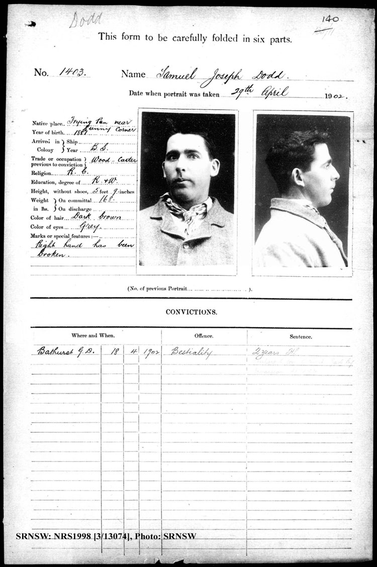 SRNSW: NRS1998, [3/13074], Bathurst Gaol photographic description book, 1874-1930, No. 1403, p. 140, R5090.