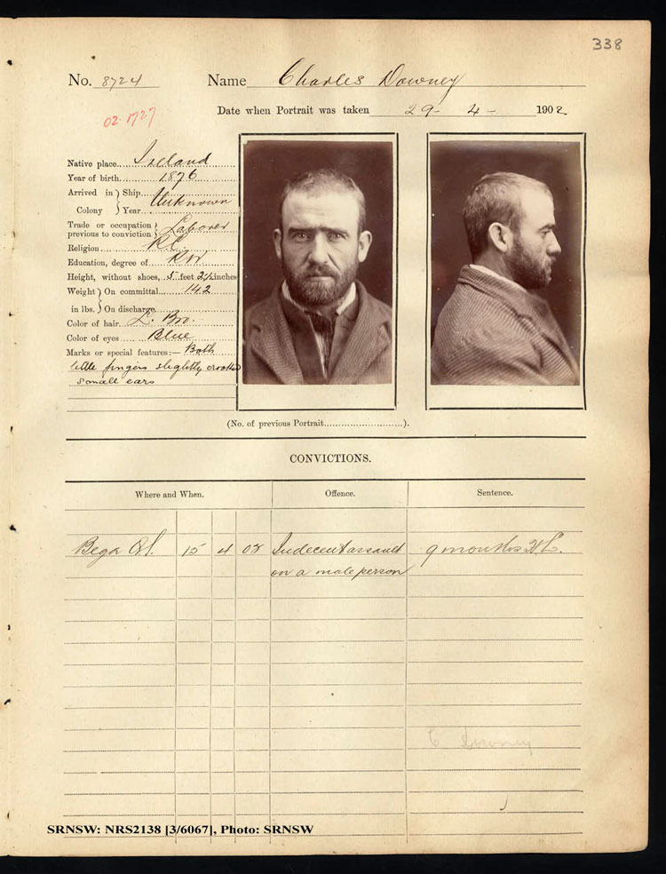 SRNSW: NRS2138, [3/6067], Darlinghurst Gaol photographic description book, 1901-1902, No. 8724, R5109, p. 338.