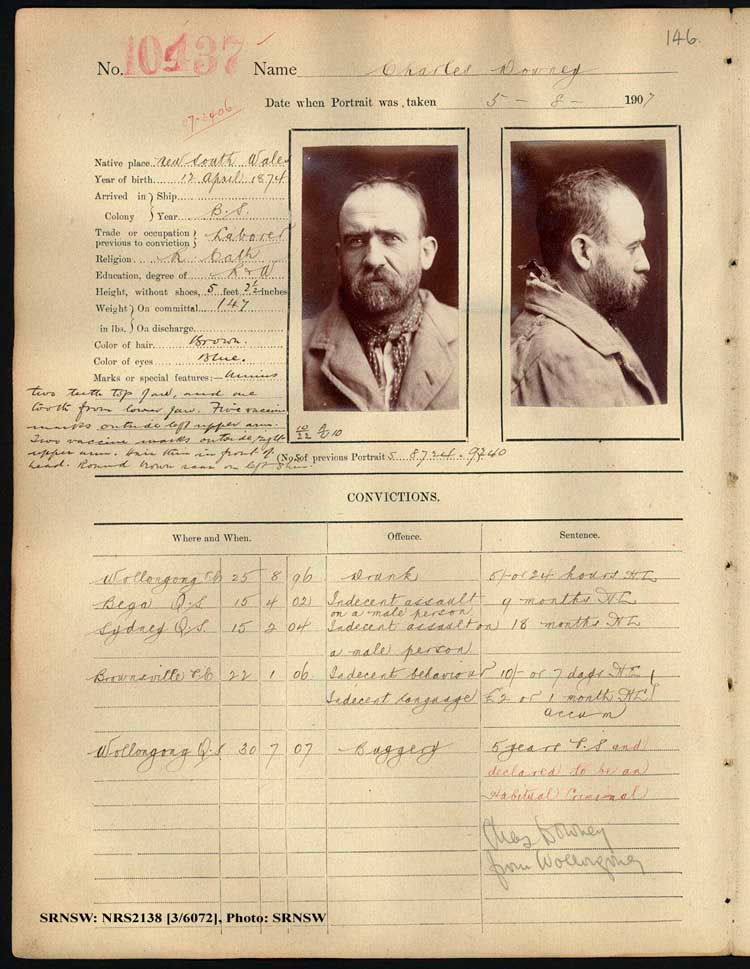 SRNSW: NRS2138, [3/6072], Darlinghurst Gaol photographic description book, 1907-1909, No.10437, R5112, p. 146. Emphasis added.