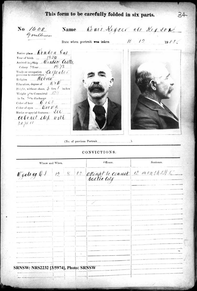 SRNSW: NRS2232, [3/5974], Goulburn Gaol photographic description book, 31 Jul 1902-29 Apr 1904, No. 1608, p. 34, R5120.
