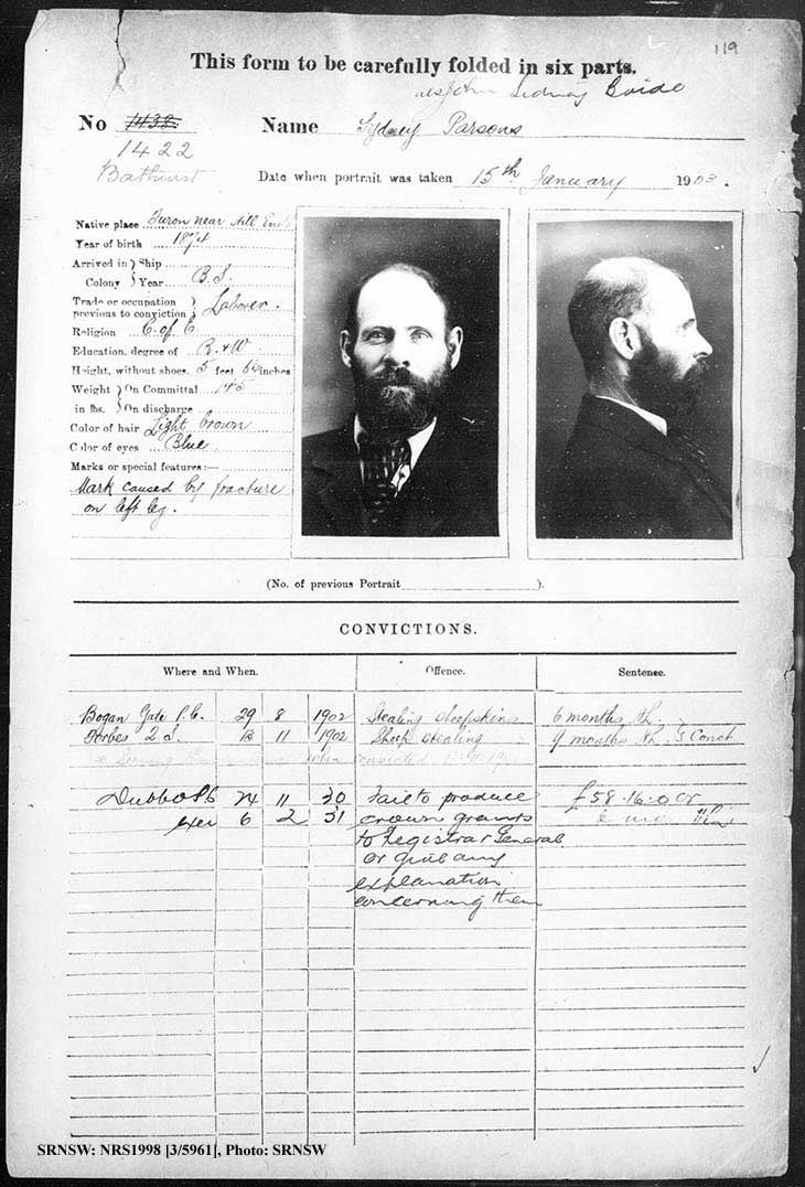 SRNSW: NRS1998, [3/5961], Bathurst Gaol photographic description book, 1874-1930, No. 1422, p. 119, R5086.