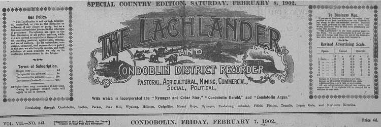 Lachlander and Condobolin District Recorder masthead. Reproduction: Peter de Waal