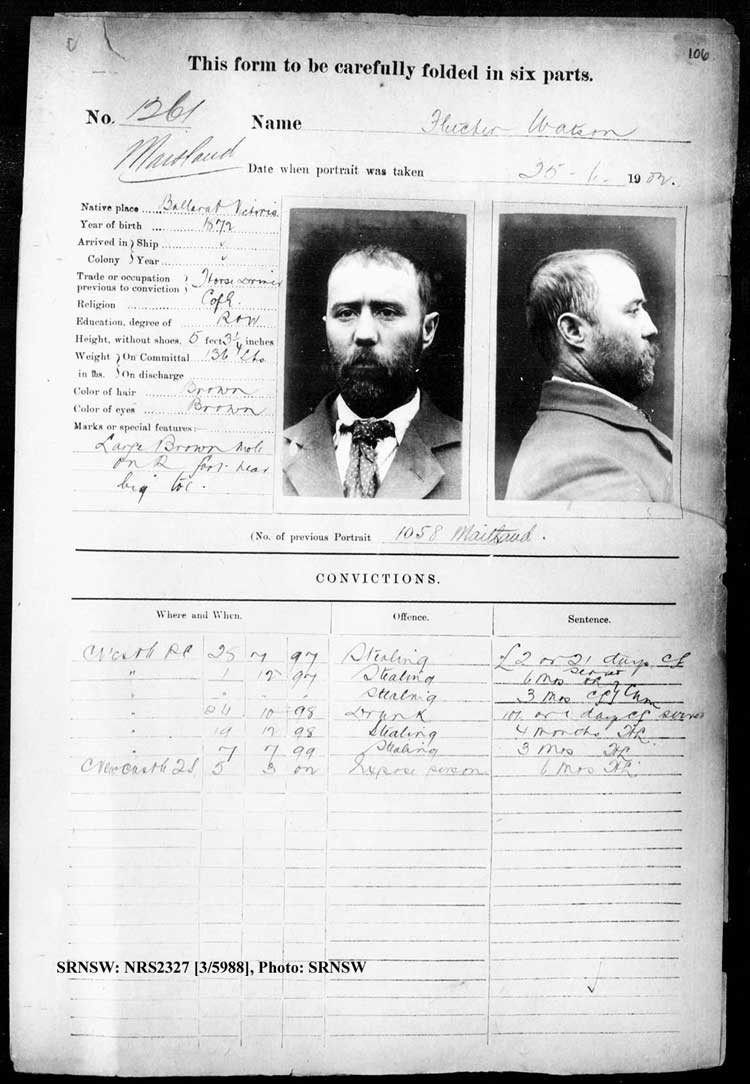 SRNSW: NRS2327, [3/5988], Maitland Gaol photographic description book, 16 Mar 1900–30 May 1906, No. 1261, p. 106, R5130.