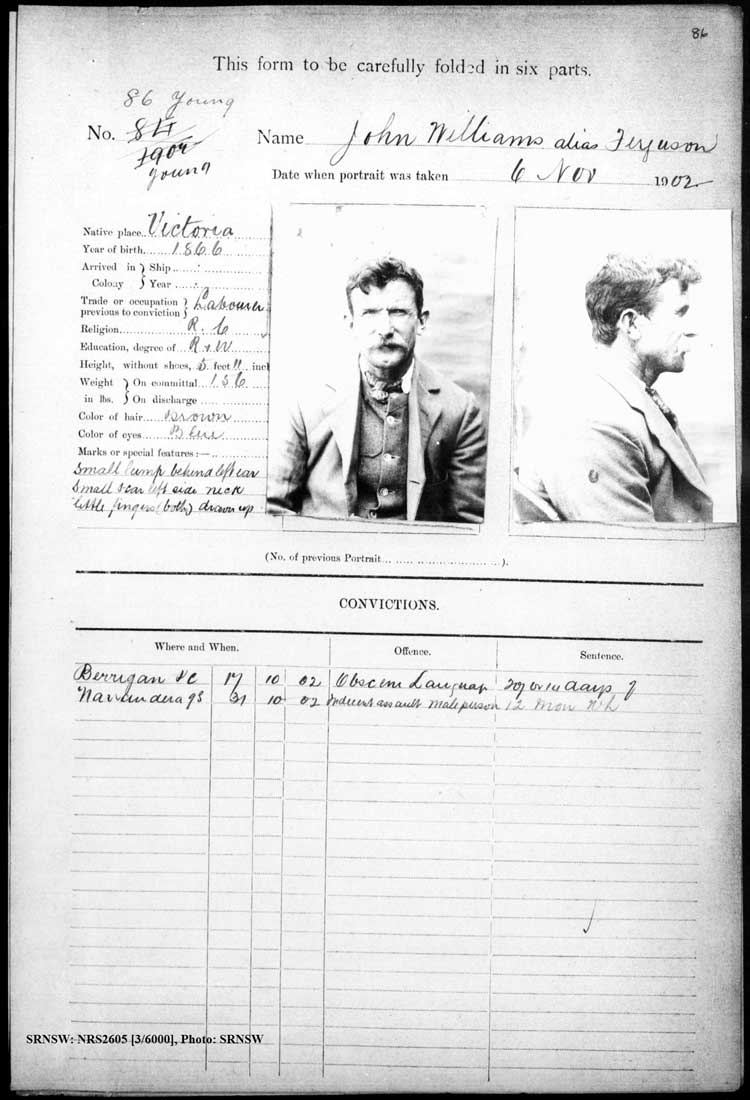 SRNSW: NRS2605, [3/6000], Young Gaol photographic description book, 1894-1920, No. 86, p. 86.