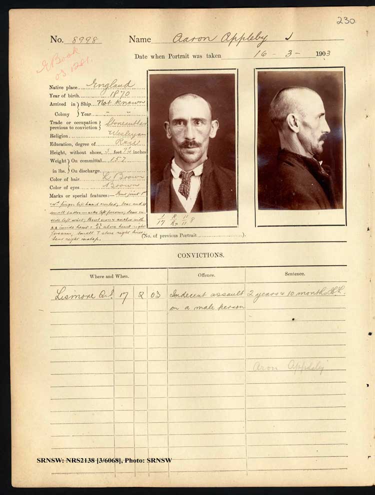 SRNSW: NRS2138, [3/6068], Darlinghurst Gaol photographic description book, 1902-1903, No. 8998, p. 230, R5110.