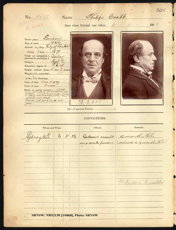 SRNSW: NRS2138, [3/6068], Darlinghurst Gaol photographic description book, 1902-1933, No. 9068, p. 305, R5110.