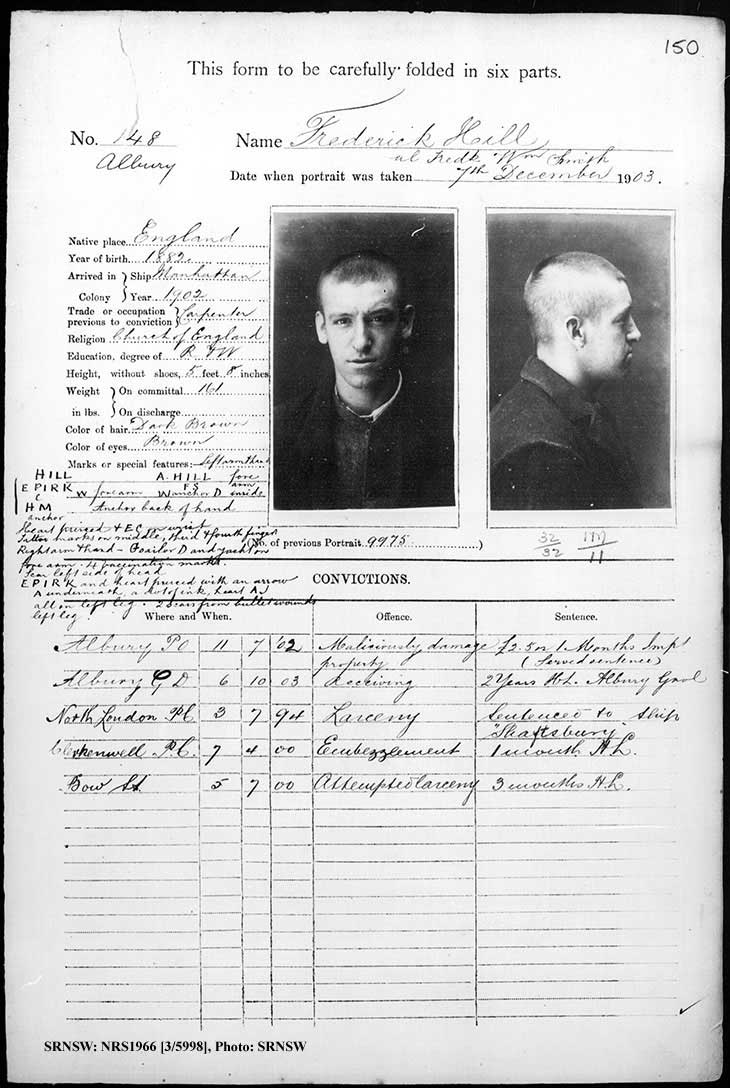 SRNSW: NRS1966, [3/5998], Albury Gaol photographic description book, 1887-1910, No. 148, p. 150, R5082. 10