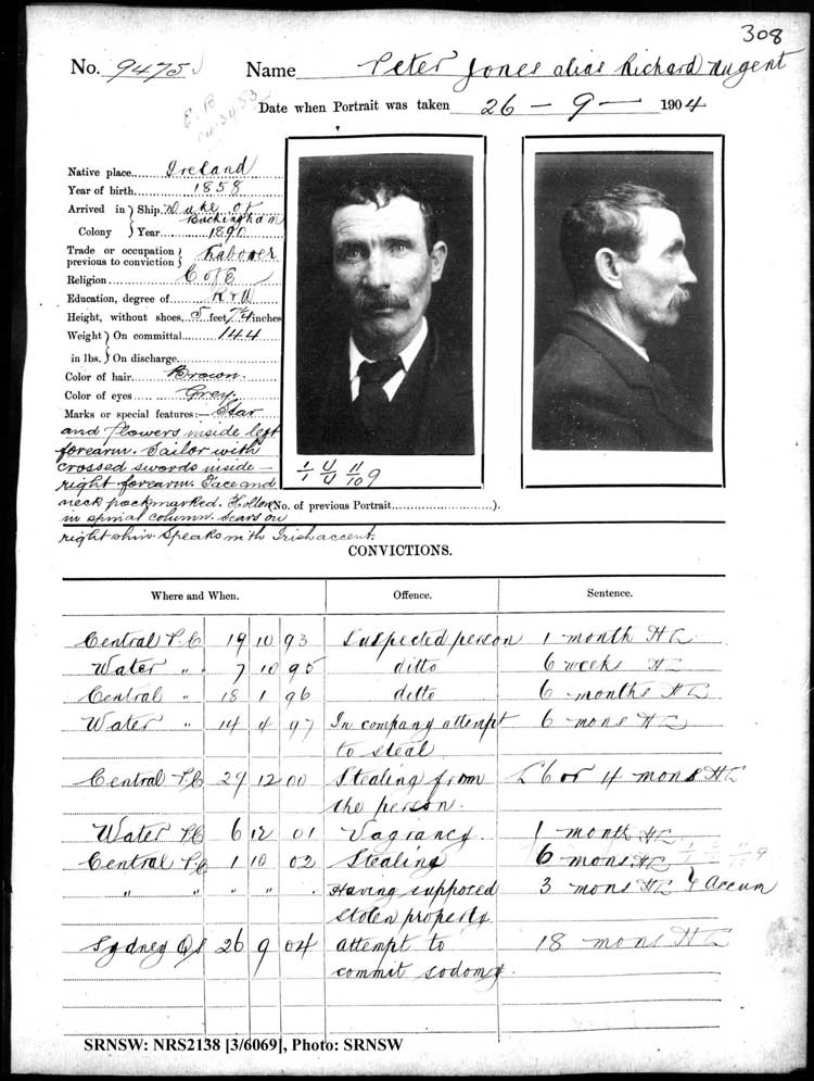 SRNSW: NRS2138, [3/6069], Darlinghurst Gaol photographic description book, 1903-1904, No. 9475, p. 308, R5110.