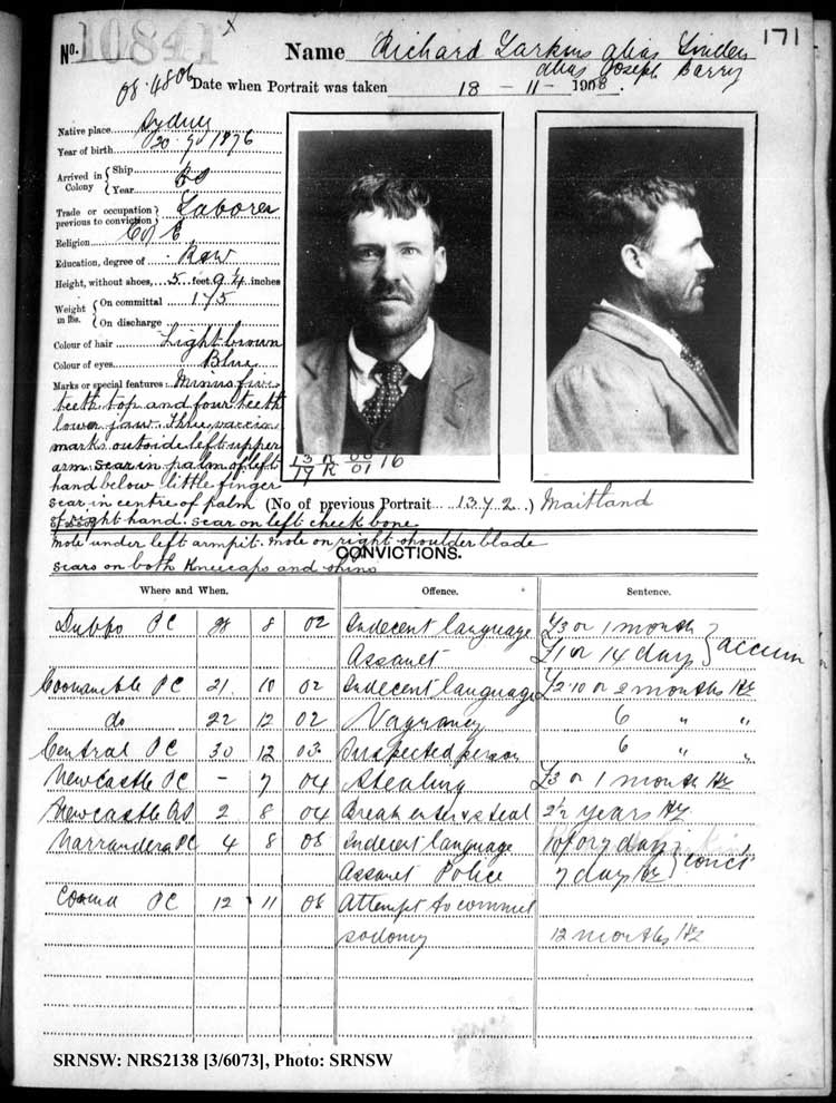 SRNSW: NRS2138, [3/6073], Darlinghurst Gaol photographic description book, 1907-1909, No. 10841, p. 171, R5112.
