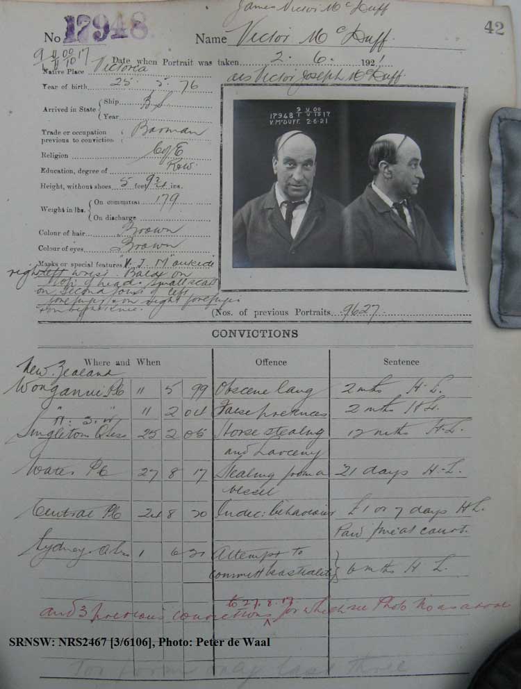 SRNSW: NRS2467, [3/6106], State Penitentiary photographic description book, 14 May 1921-7 Feb 1922, No. 17948, p. 42.