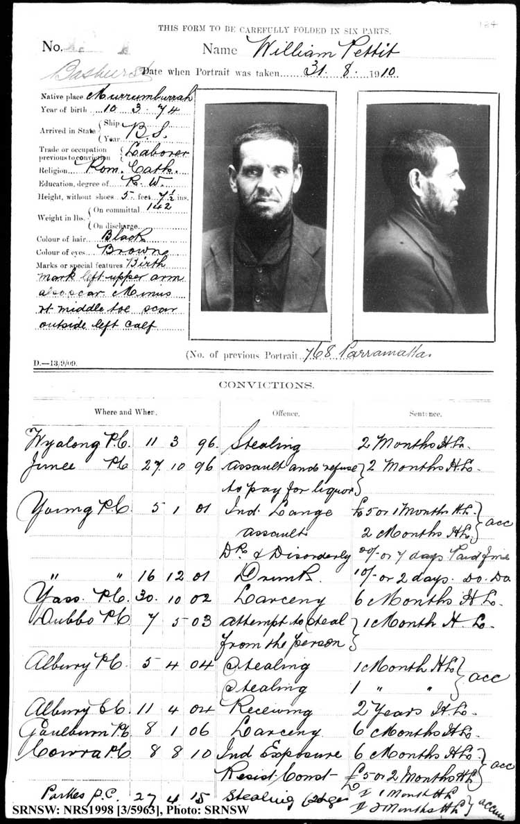 SRNSW: NRS1998, [3/5963], Bathurst Gaol photographic description book, 1874-1930, No.1901, p. 184, R5086. Emphasis added.