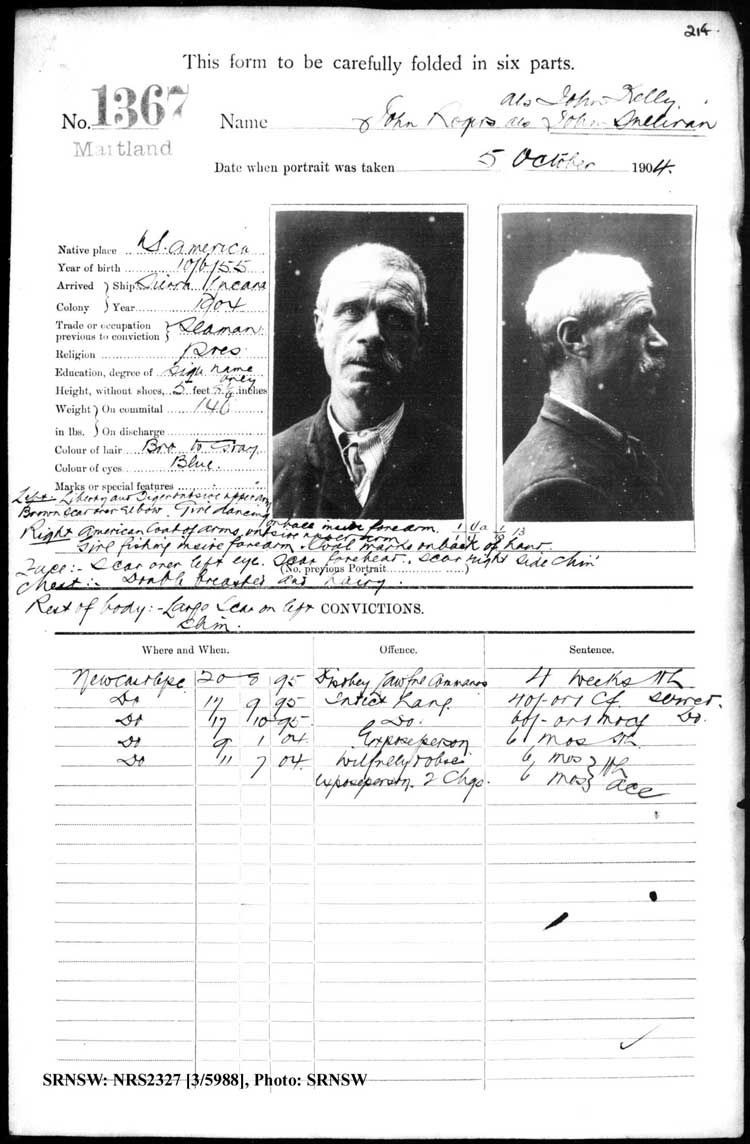 SRNSW: NRS2327, [3/5988], Maitland Gaol photographic description book, 1875-1930, No. 1367, p. 214, R5130.