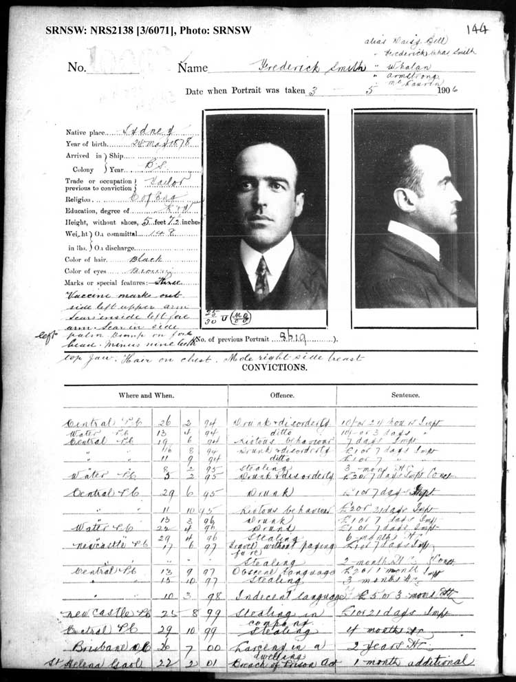 SRNSW: NRS2138, [3/6071], Darlinghurst Gaol photographic description book, 1905-1907, No. 10063, pp. 144-6, R5111. Emphasis added.