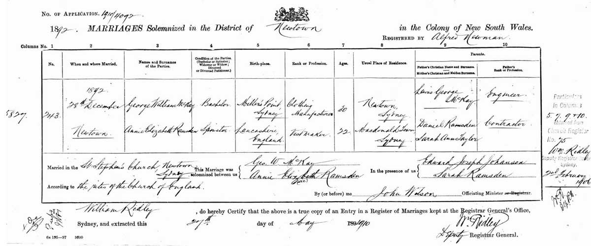 George William McKay and Annie Elizabeth Ramsden, 28 Dec 1892, marriage certificate. Photo: Peter de Waal George William McKay and Annie Elizabeth Ramsden, 28 Dec 1892, marriage certificate. Photo: Peter de Waal