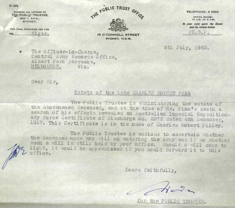 The Public Trust Office, Sydney letter 8 Jul 1963