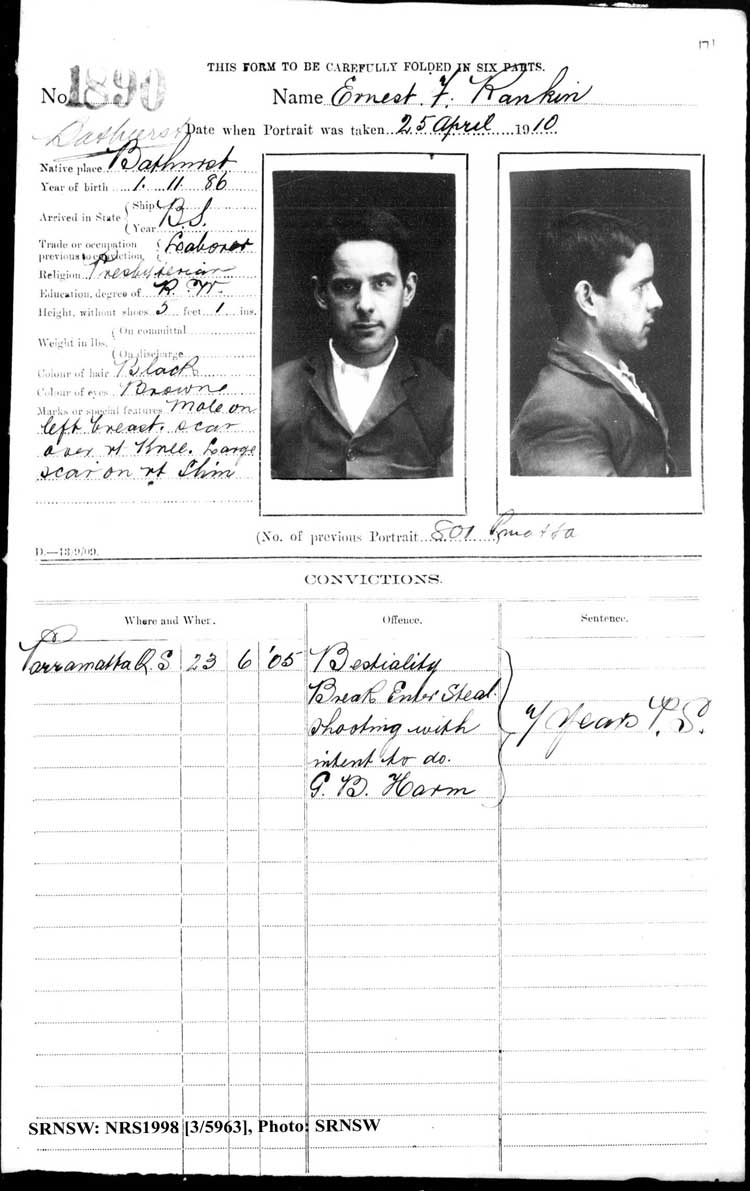 SRNSW: NRS1998, [3/5963], Bathurst Gaol photographic description book, 1874-1930, No. 1890, p. 171, R5086.
