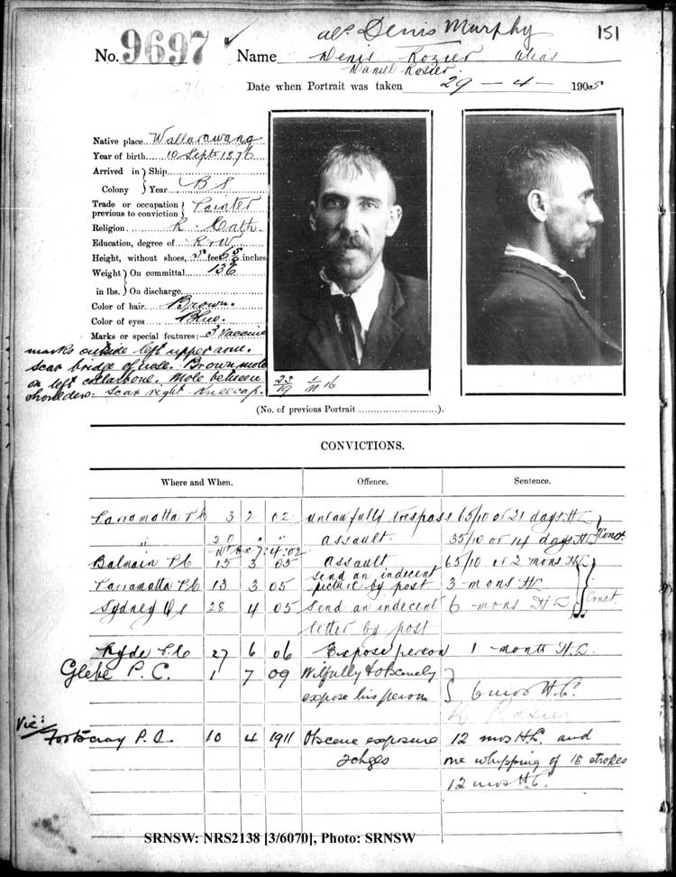SRNSW: NRS2138, [3/6070], Darlinghurst Gaol photographic description book, 1904-1905, No. 9697, p. 151, R5111.