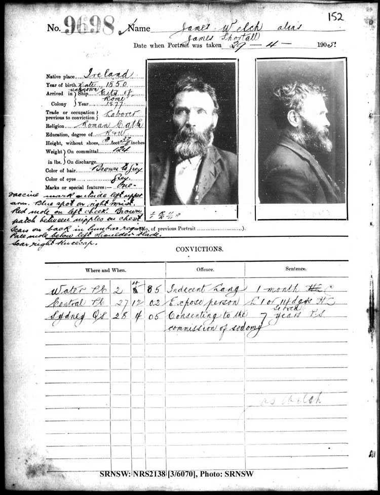 SRNSW: NRS2138, [3/6070], Darlinghurst Gaol photographic description book, 1904-1905, No. 9698, p. 152, R5111.