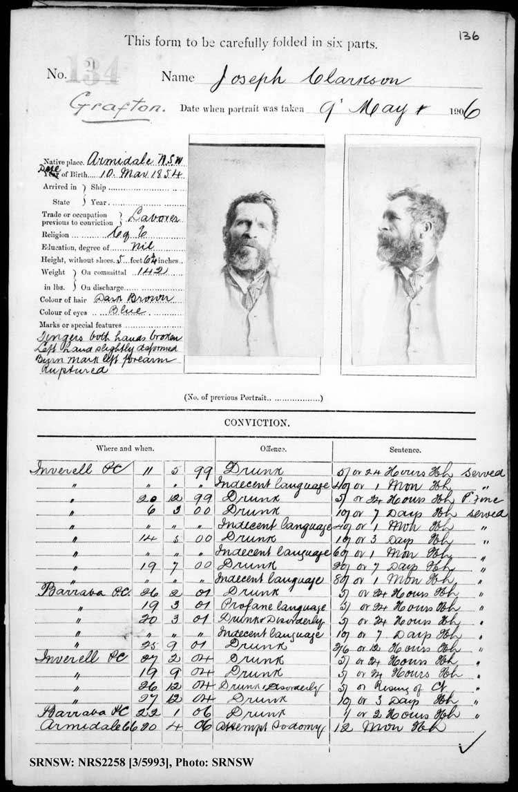 SRNSW: NRS2258, [3/5993], Grafton Gaol photographic description book, Nov 1894-Jun 1910, No. 134, p. 136, R5125. Emphasis added.