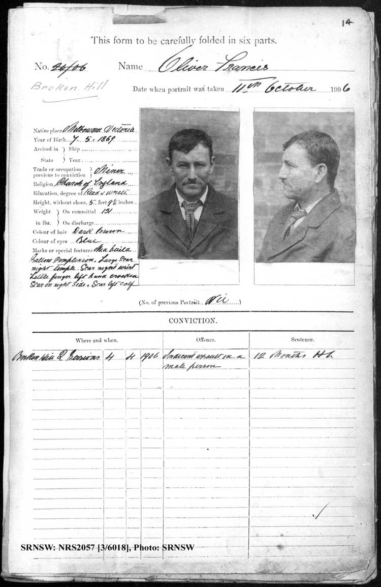 SRNSW: NRS2057, [3/6018], Broken Hill Gaol photographic description book, 1904-1929, No. 14, p. 14, R5095.