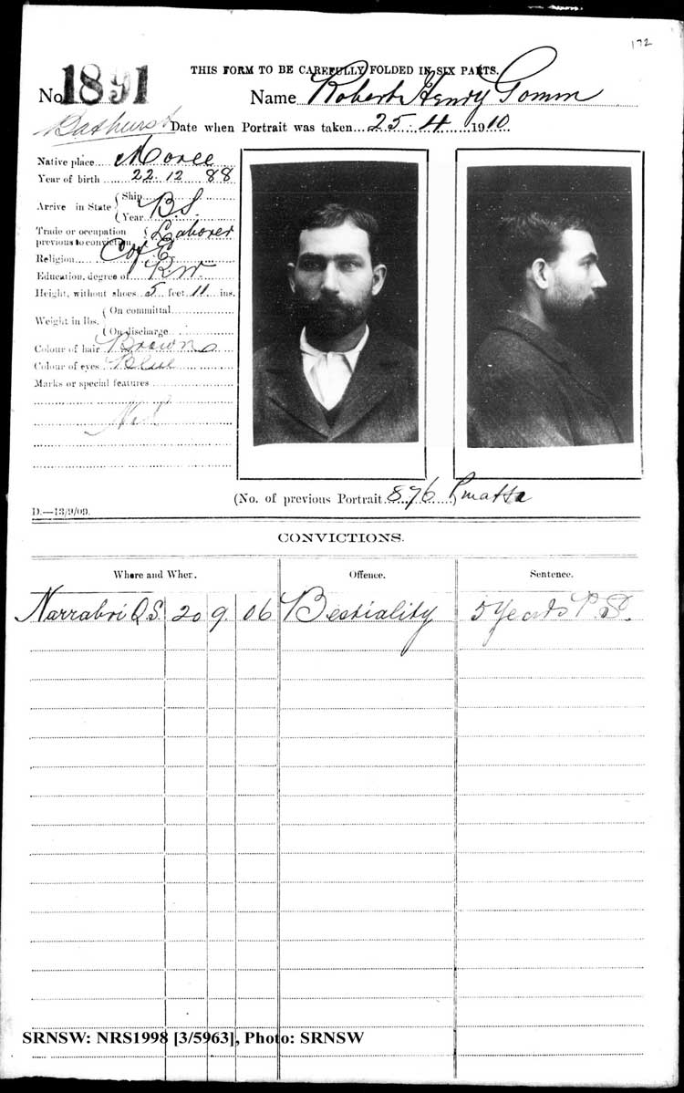 SRNSW: NRS1998, [3/5963], Bathurst Gaol photographic description book, 1874-1930, No. 1891, p. 172, R5086.