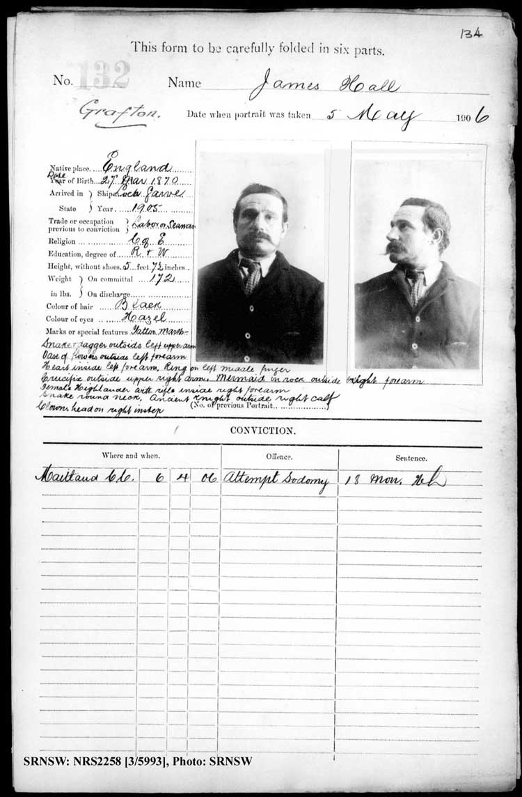 SRNSW: NRS2258, [3/5993], Grafton Gaol photographic description book, Nov 1894-Jun 1910, No. 132, p. 134, R5125.