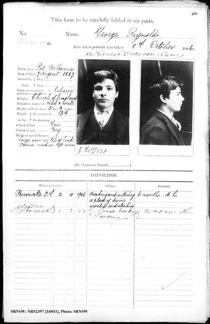 SRNSW: NRS2397, [3/6011], Parramatta gaol photographic description book, 29 Aug 1905-11 Nov 1909, No. 883, p. 44, R5137.