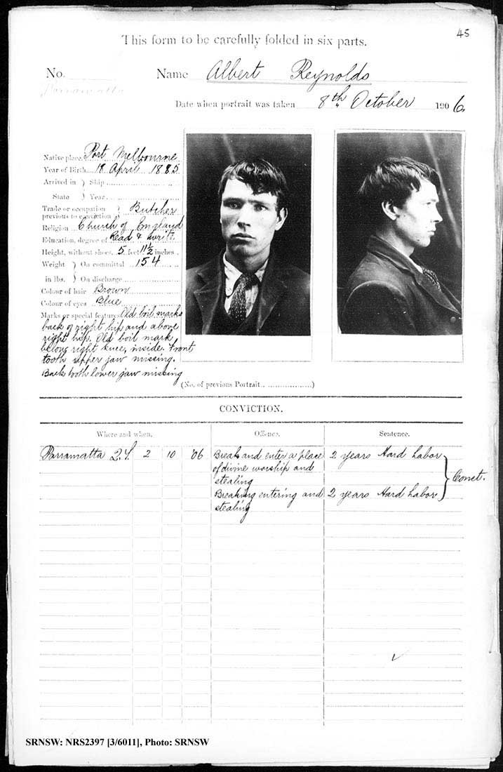 SRNSW: NRS2397, [3/6011], Parramatta gaol photographic description book, 29 Aug 1905-11 Nov 1909, No. 884, p. 45, R5137.