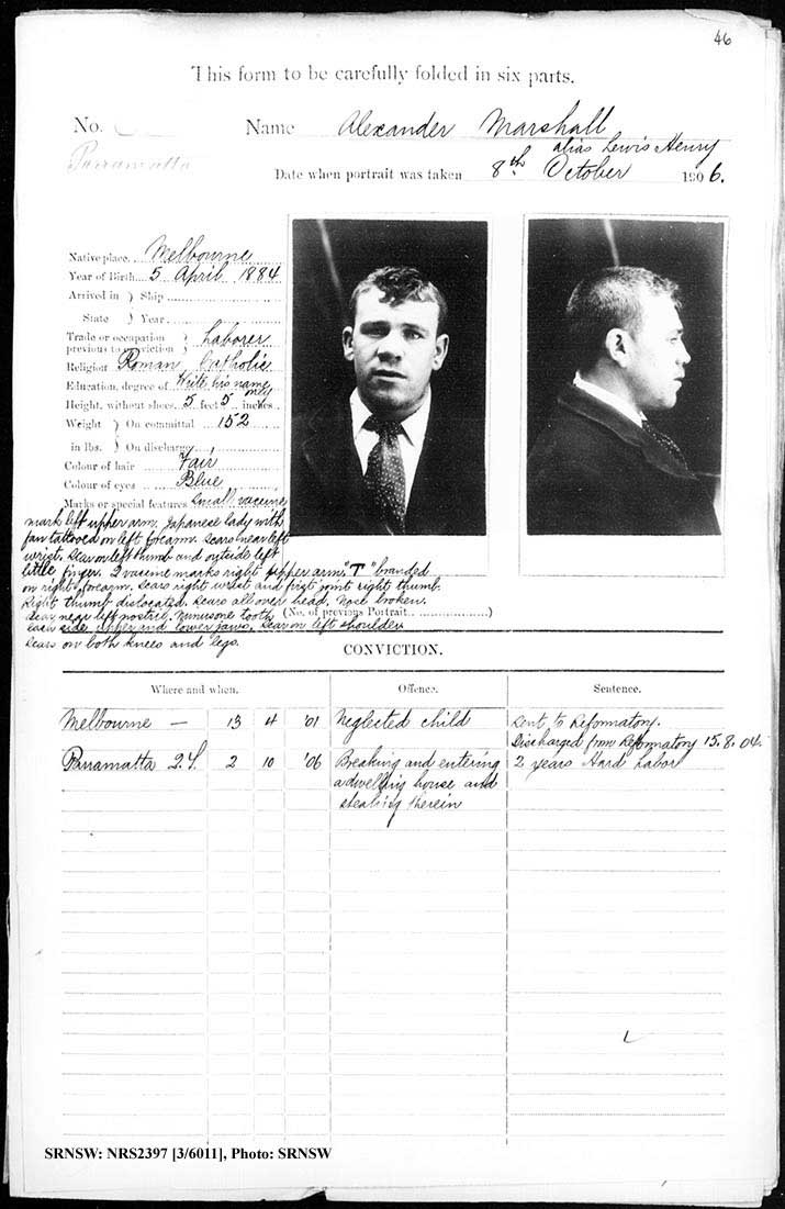 SRNSW: NRS2397, [3/6011], Parramatta gaol photographic description book, 29 Aug 1905-11 Nov 1909, No. 885, p. 46, R5137.