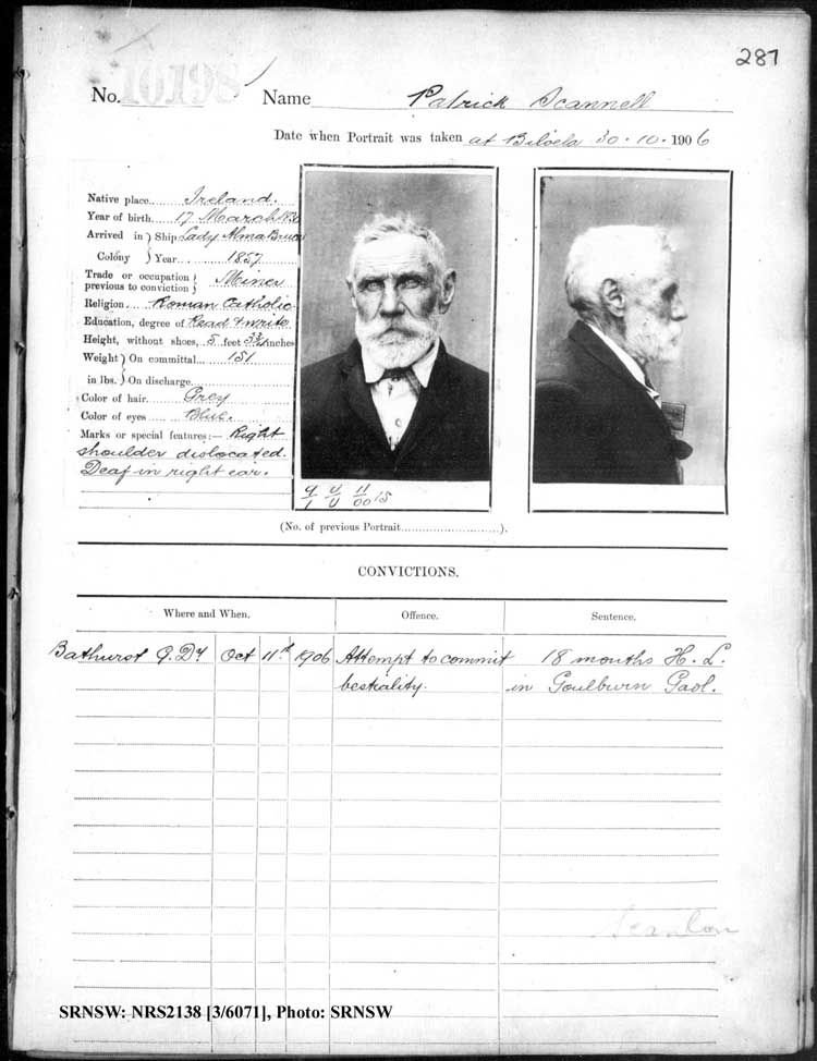 SRNSW: NRS2138, [3/6071], Darlinghurst Gaol photographic description book, 1905-1907, No. 10198, p. 287, R5111.