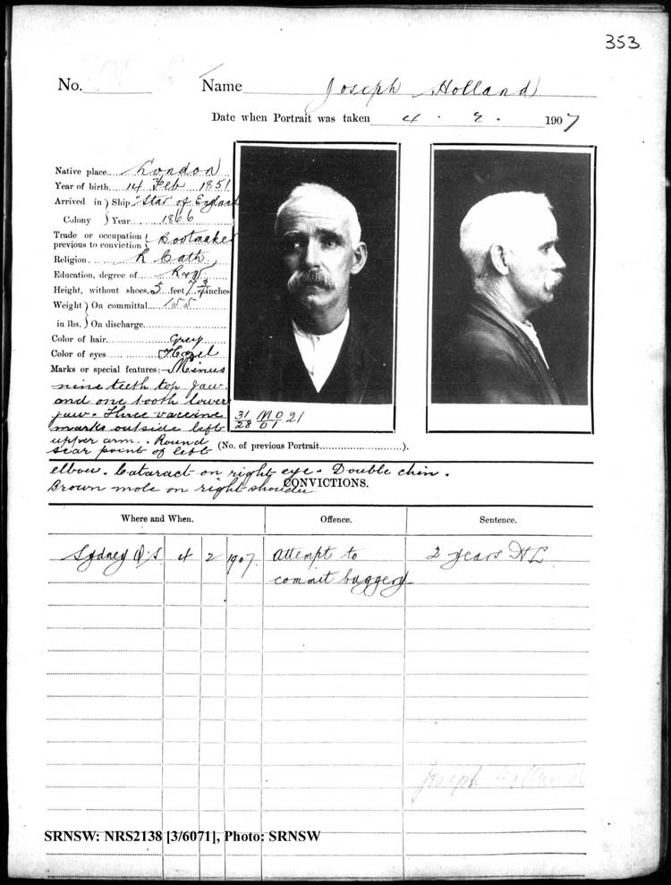 SRNSW: NRS2138, [3/6071], Darlinghurst Gaol photographic description book, 1905-1907, No. 10260, p. 353, R5111.