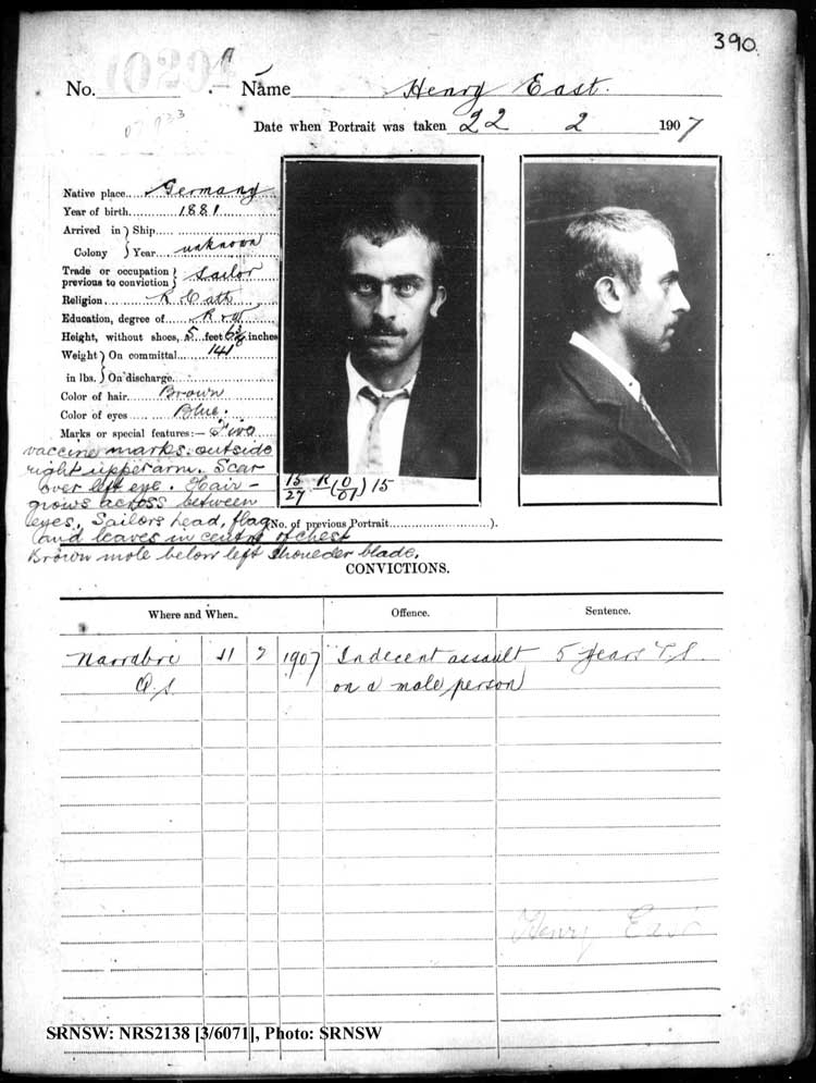 SRNSW: NRS2138, [3/6071], Darlinghurst Gaol photographic description book, 1905-1907, No. 10294, p. 390, R5111.