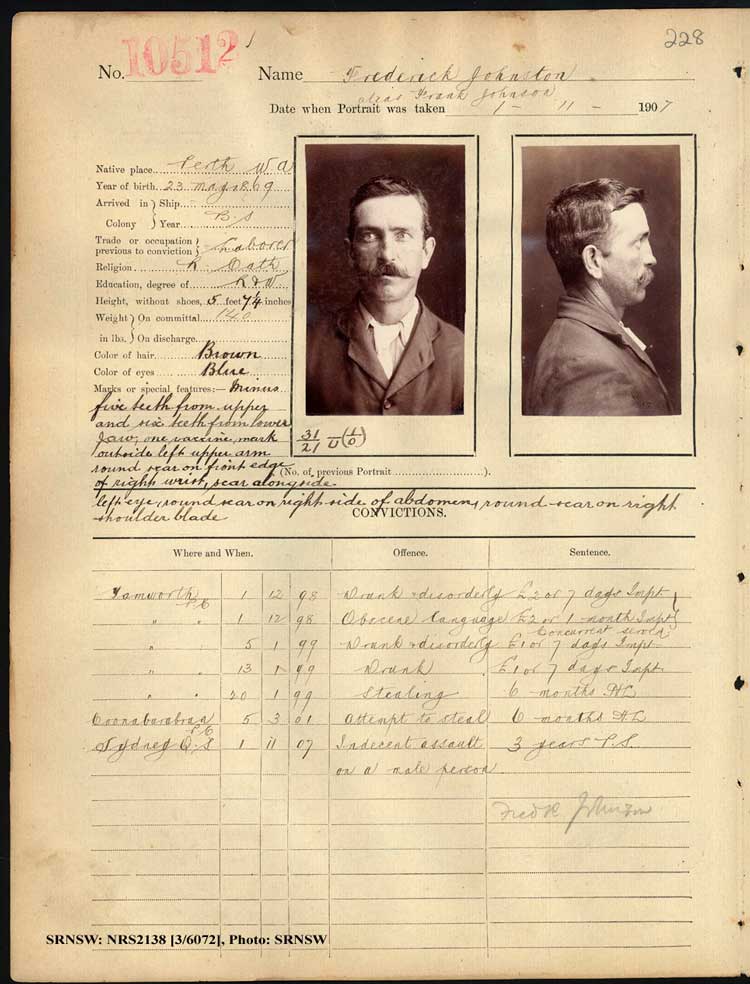 SRNSW: NRS2138, [3/6072], Darlinghurst Gaol photographic description book, 1907-1909, No. 10512, p. 228, R5112. Emphasis added.