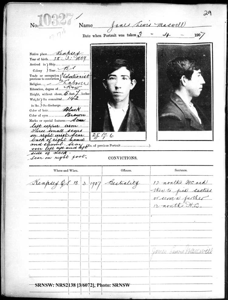 SRNSW: NRS2138, [3/6072], Darlinghurst Gaol photographic description book, 1907-1909, No. 10327, p. 29, R5112.
