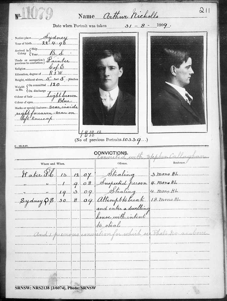 SRNSW: NRS2138, [3/6074], Darlinghurst Gaol photographic description book, 1909-1910, No. 11079, p. 211, R5113.