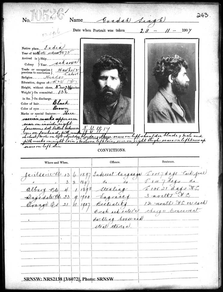SRNSW: NRS2138, [3/6072], Darlinghurst Gaol photographic description book, 1907-1909, No. 10526, p. 243, R5112.