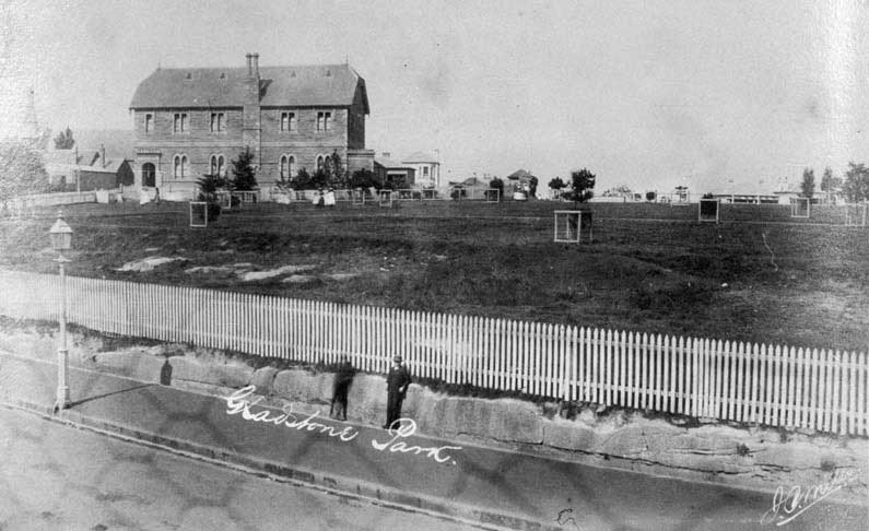 Gladstone Park and school from Darling Street, Balmain, NSW, c. 1890. Image: NSW State Library. Reproduction: Peter de Waal Gladstone Park and school from Darling Street, Balmain, NSW, c. 1890. Image: NSW State Library. Reproduction: Peter de Waal