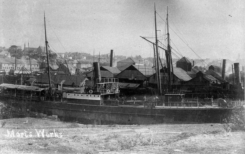 Morts Docks with steam ship in dry dock, Balmain, NSW, c. 1888. Image: NSW State Library. Reproduction: Peter de Waal Morts Docks with steam ship in dry dock, Balmain, NSW, c. 1888. Image: NSW State Library. Reproduction: Peter de Waal