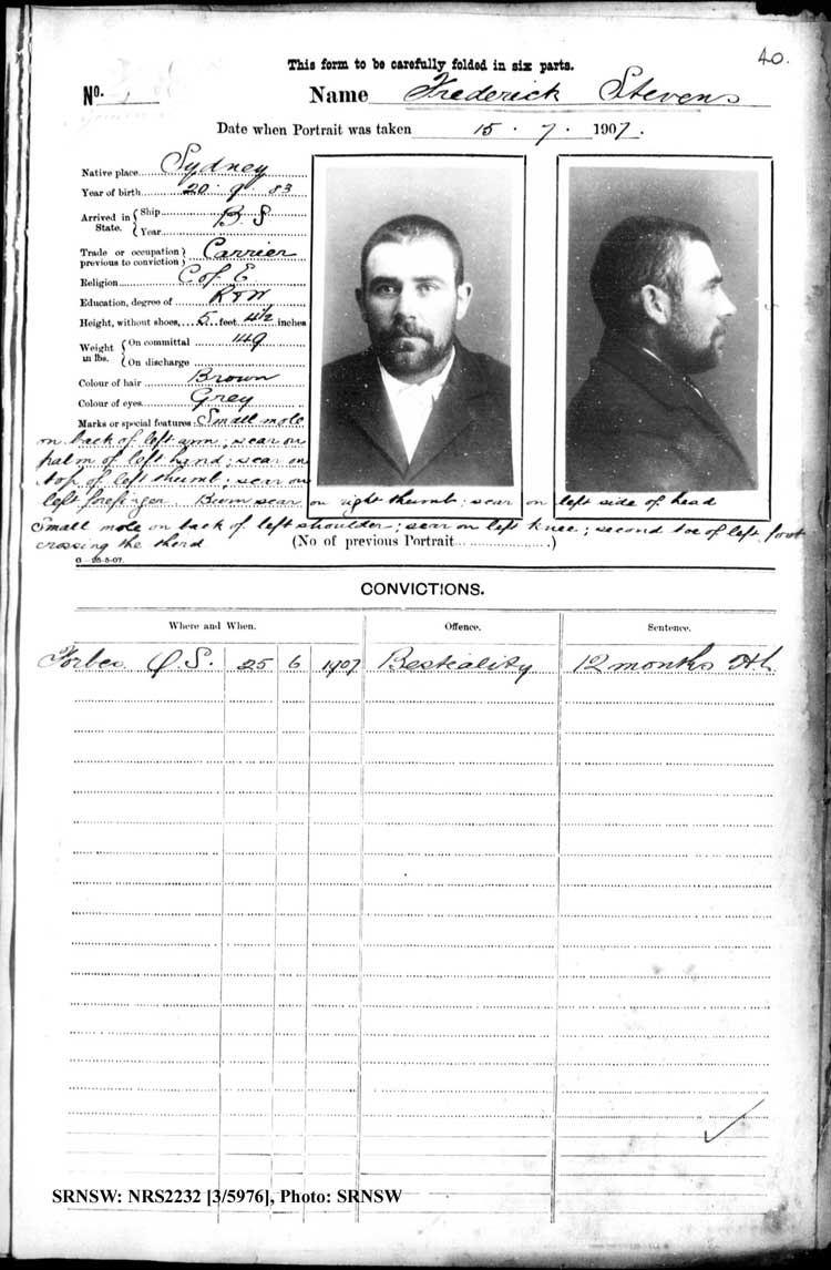 SRNSW: NRS2232, [3/5976], Goulburn Gaol photographic description book, 6 May 1907-17 May 1909, No. 2087, p. 40, R5121.
