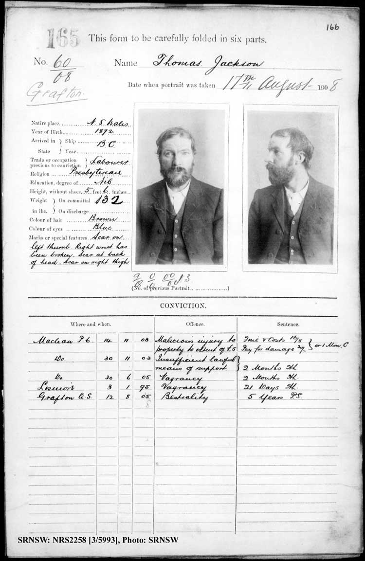 SRNSW: NRS2258, [3/5993], Grafton Gaol photographic description book, 1910-1911, No. 165, p. 166, R5125.