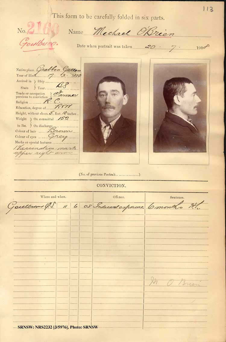 SRNSW: NRS2232, [3/5976], Goulburn Gaol photographic description book, 6 May 1907-17 May 1909, No. 2160, p. 113, R5121.