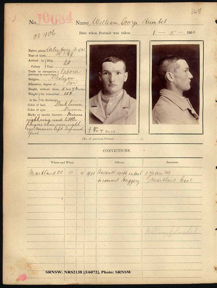 SRNSW: NRS2138, [3/6072], Darlinghurst Gaol photographic description book, 1907-1909, No. 10634, p. 365, R5112.