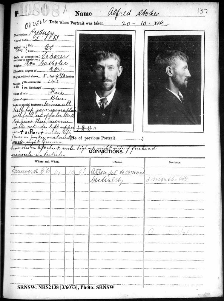 SRNSW: NRS2138, [3/6073], Darlinghurst Gaol photographic description book, 1907-1909, No. 10808, p. 137, R5112.