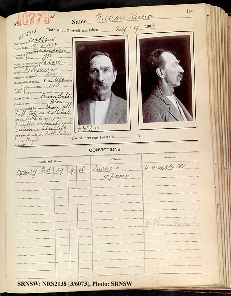 SRNSW: NRS2138, [3/6073], Darlinghurst Gaol photographic description book, 1907-1909, No. 10779, p. 102, R5112.